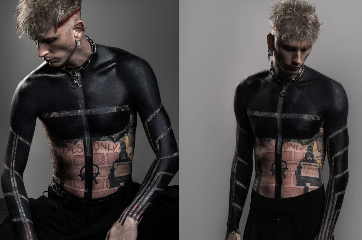 Machine Gun Kelly showing ROXX's 2024 blackout work, with the cross-shaped negative space and older lettering still visible