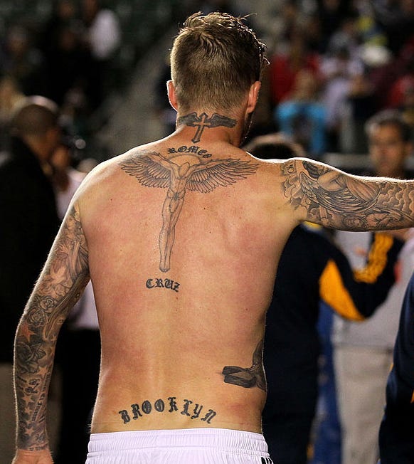 David Beckham’s back tattoo with a winged angel and his sons’ names