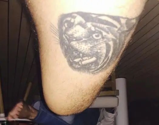 Close view of Harry Styles’s tiger-head thigh tattoo