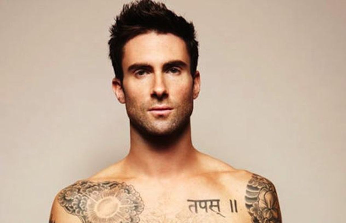 Adam Levine's upper-chest tattoos, Sanskrit lettering and floral shoulder designs