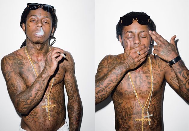 Archival GQ portrait showing Lil Wayne’s extensive face, chest and arm tattoos