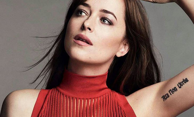 Dakota Johnson Acta Non Verba tattoo on her inner arm