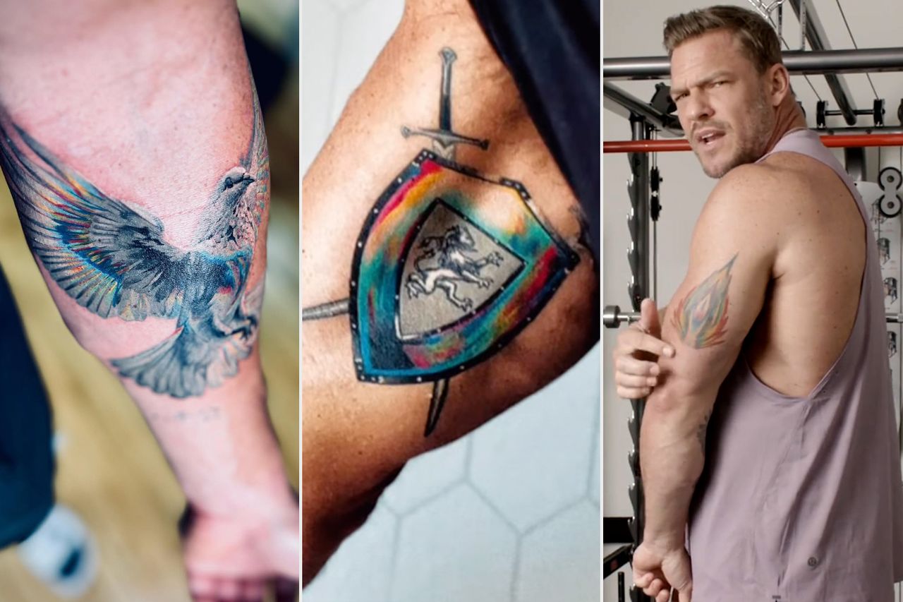 Close views of Alan Ritchson’s dove and sword-and-shield family tattoos, alongside a photo of the actor showing his arm.