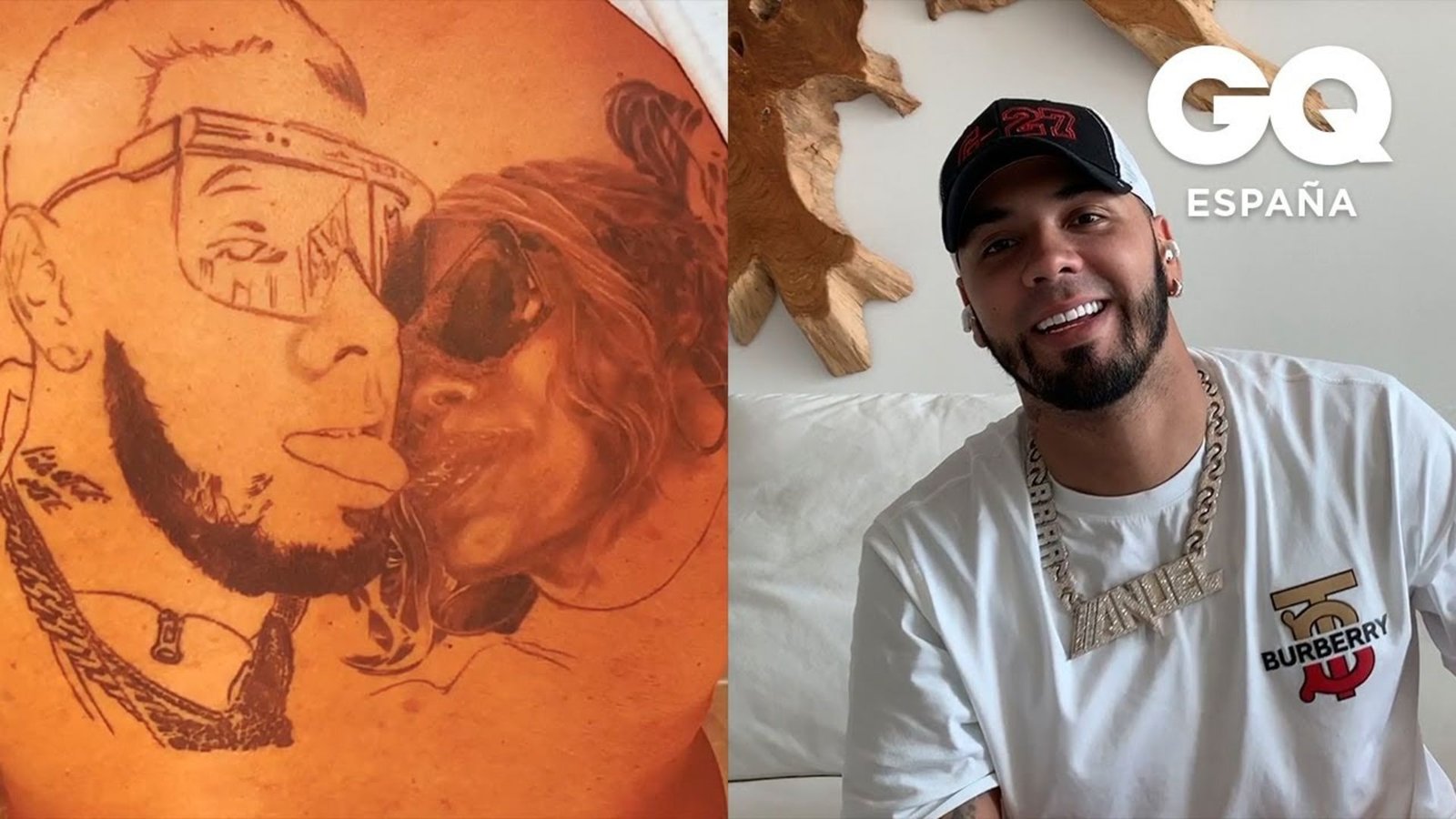 Anuel AA showing chest and religious tattoos during a GQ tattoo tour