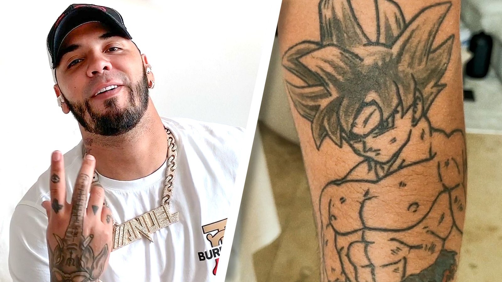 Anuel AA showing his Dragon Ball Z arm tattoos