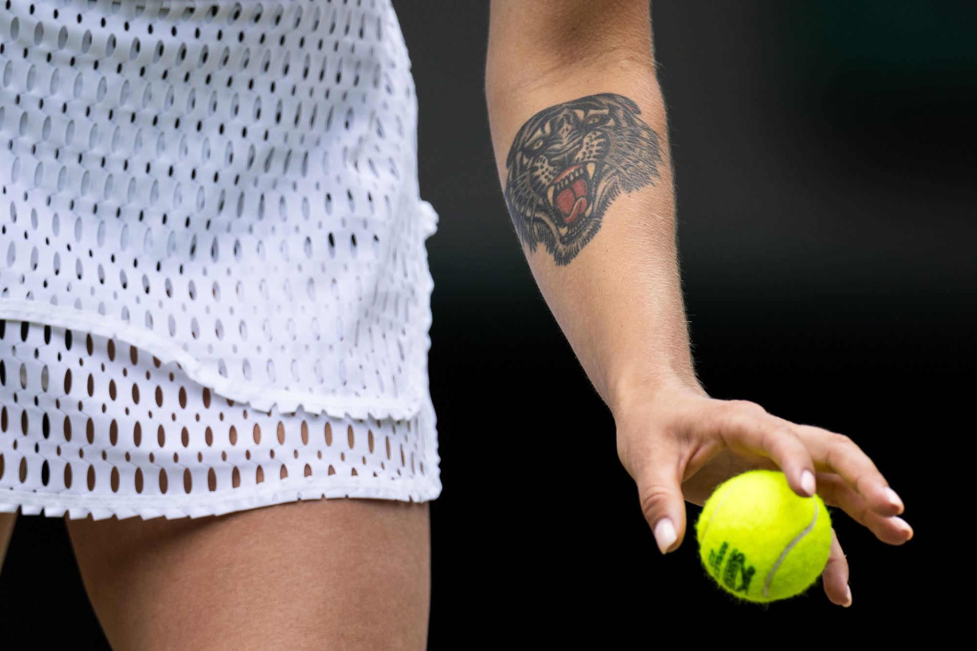 Aryna Sabalenka tiger tattoo on left forearm during serve