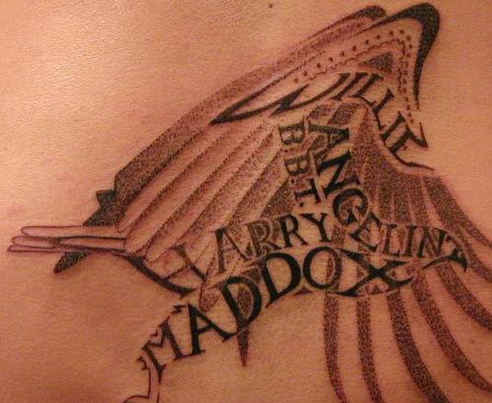 Billy Bob Thornton's family lettering tattoo on his back