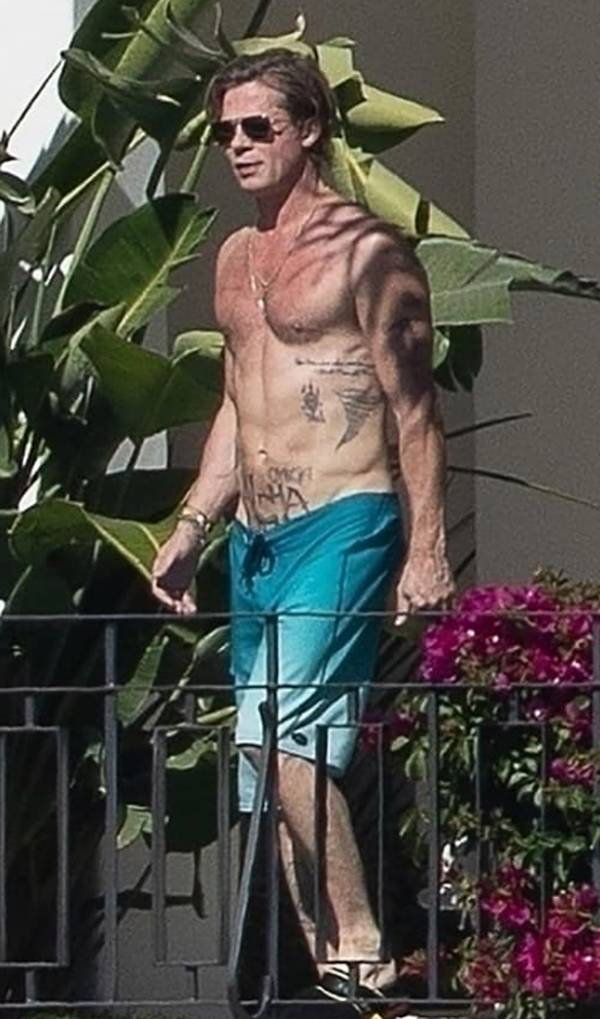 Brad Pitt Khmer script and torso tattoos