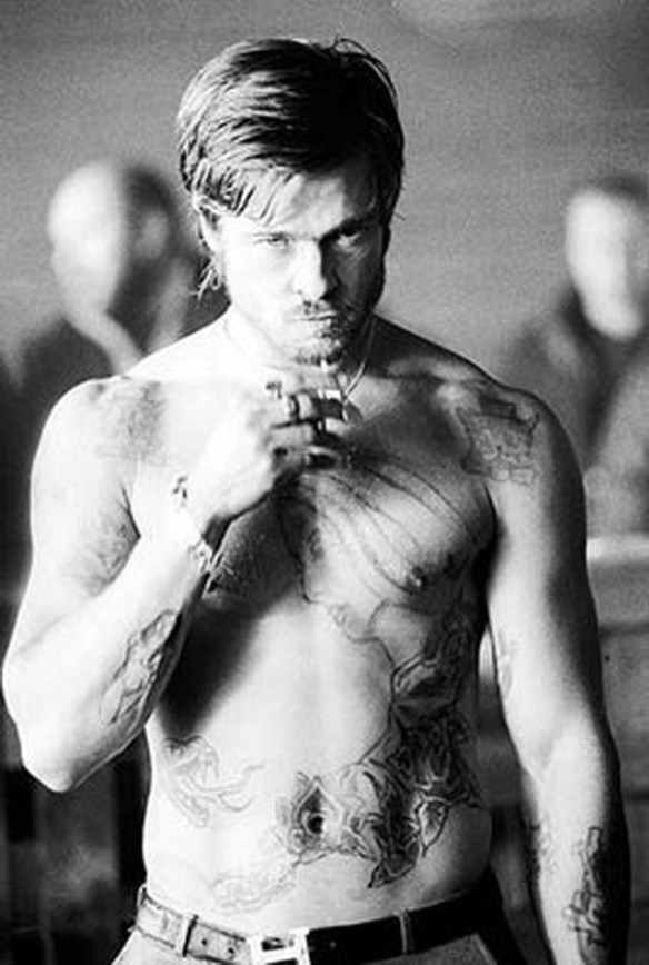 Brad Pitt shirtless chest and arm tattoos