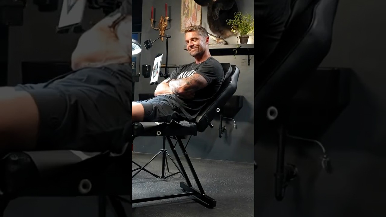 Brett Young in a tattoo session with multiple arm tattoos visible