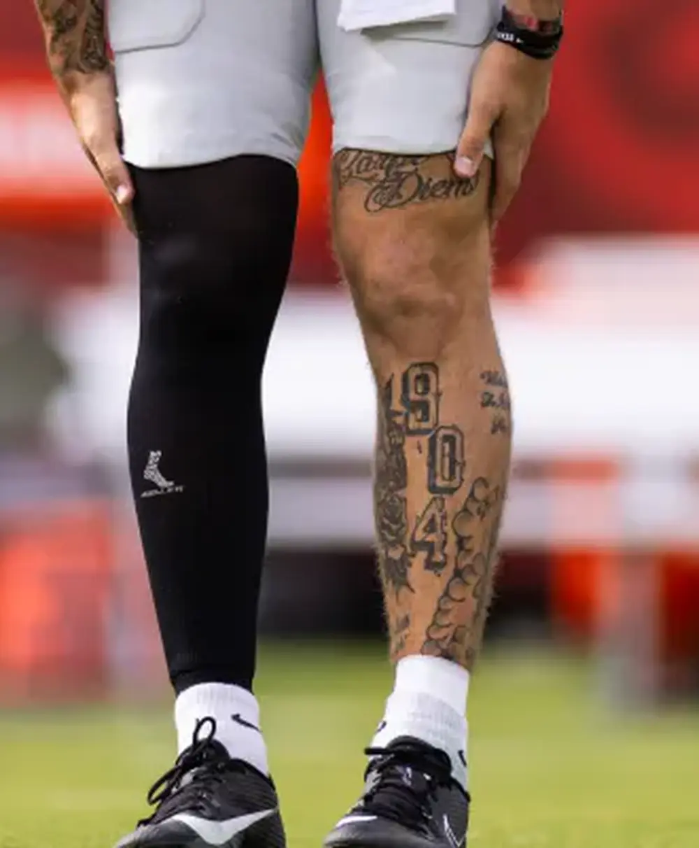 Carson Beck 904 leg tattoo closeup