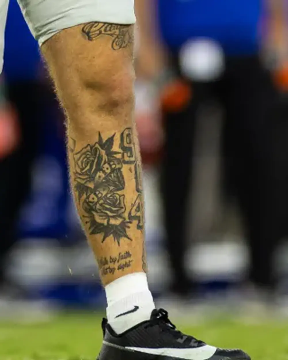Carson Beck tiger leg tattoo closeup