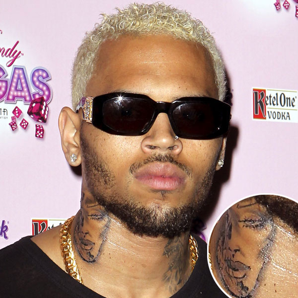 Close view of Chris Brown's 2012 sugar-skull design on his neck