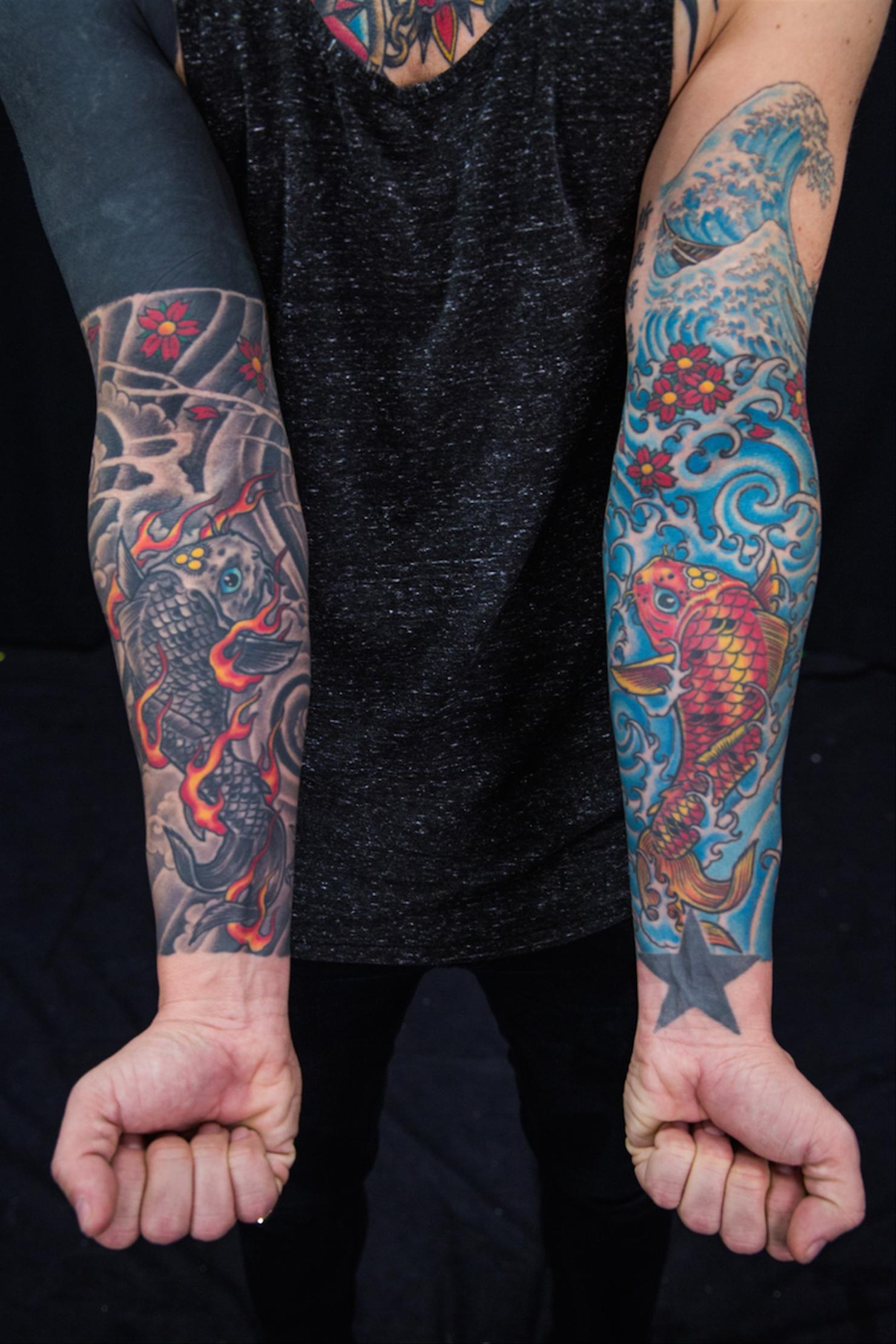 Chris Carrabba koi fish and dragon sleeve tattoos