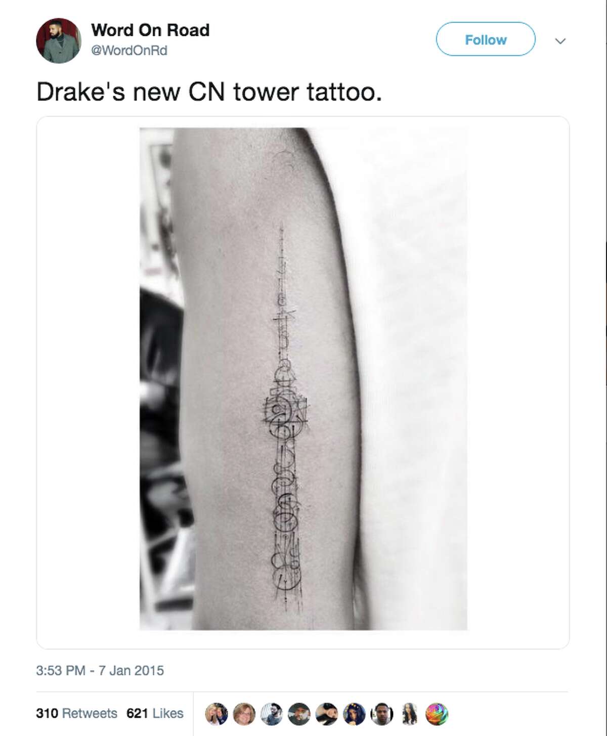 Drake’s CN Tower tattoo on his inner arm