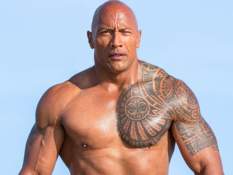 Dwayne Johnson’s Polynesian shoulder and chest tattoo in a clear close view