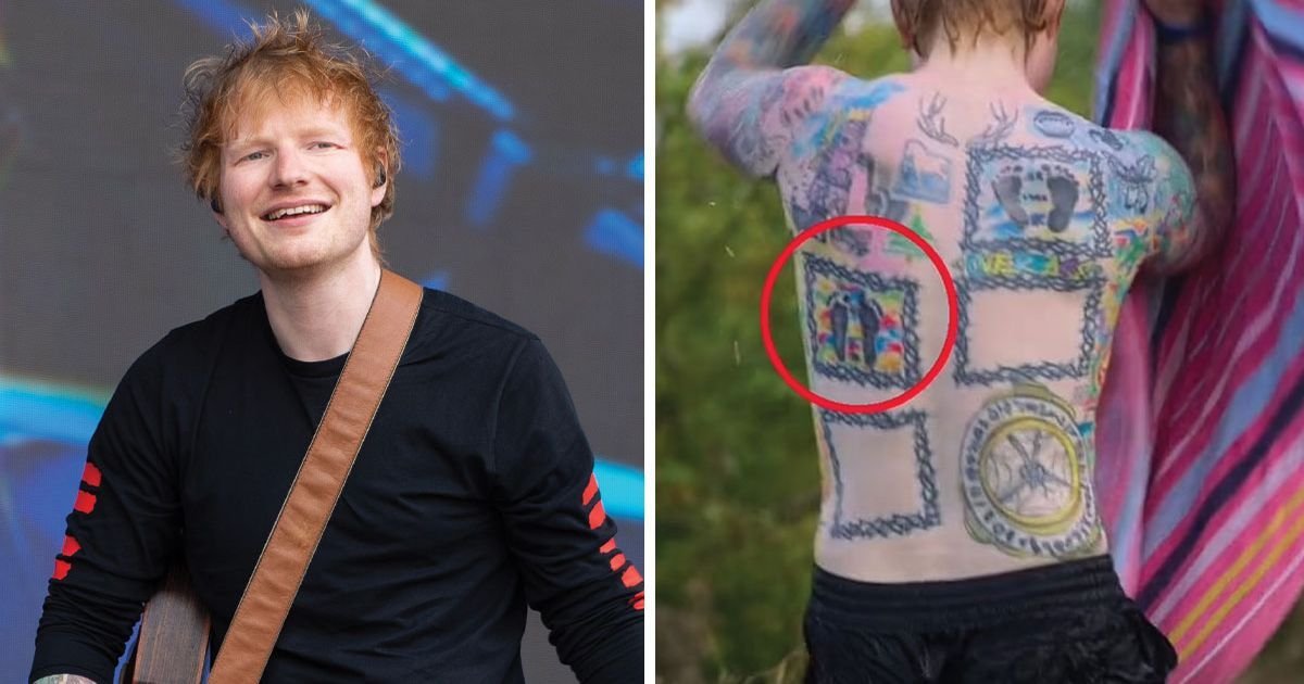 Ed Sheeran showing his children's footprints tattoos on his back