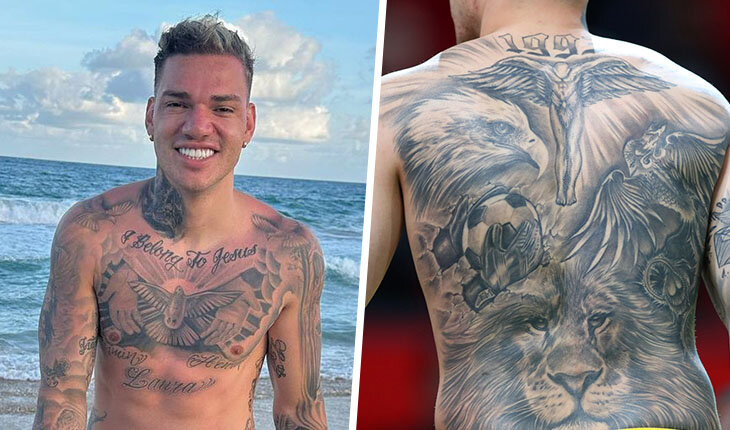 Ederson Moraes football gloves lion and back tattoos