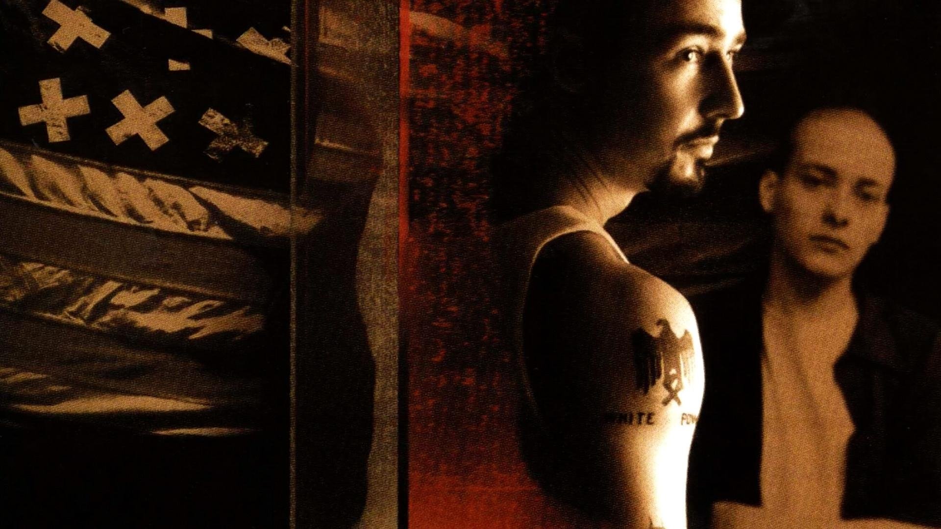 Edward Norton in American History X with Derek Vinyard's temporary shoulder and chest tattoos visible