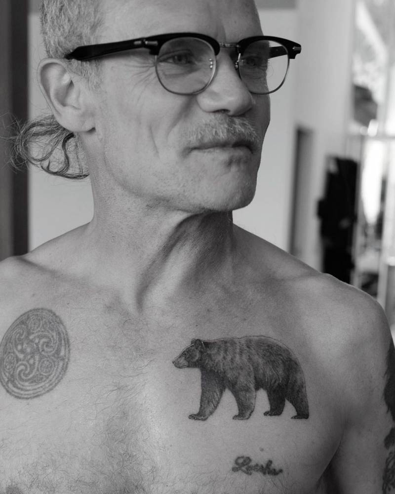 Flea’s black bear chest tattoo, tattooed by Dr. Woo