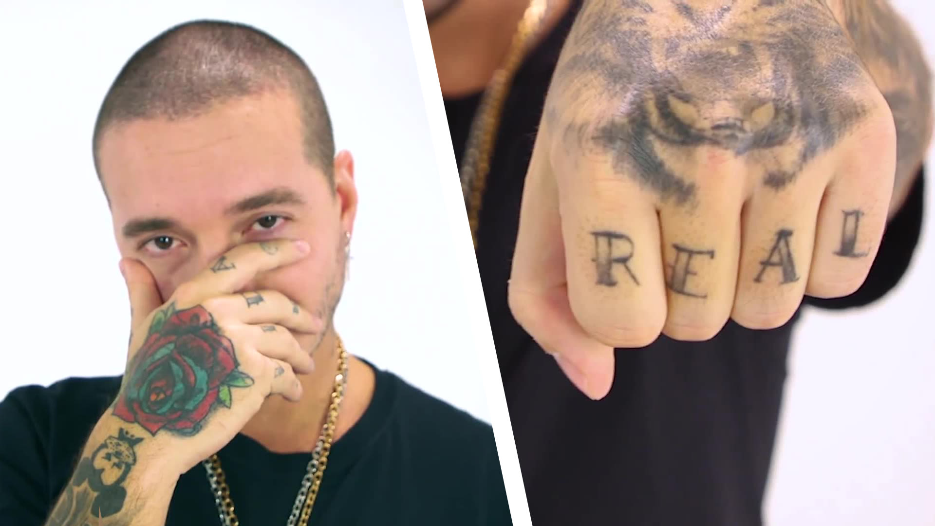 J Balvin showing the large arm tattoo collage from his GQ Tattoo Tour