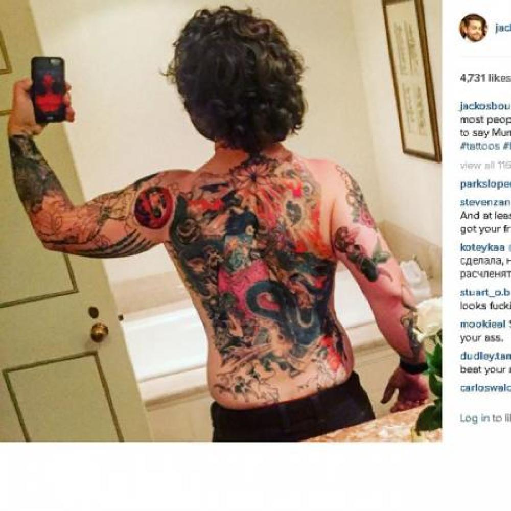 Jack Osbourne samurai and sea serpent back tattoo
