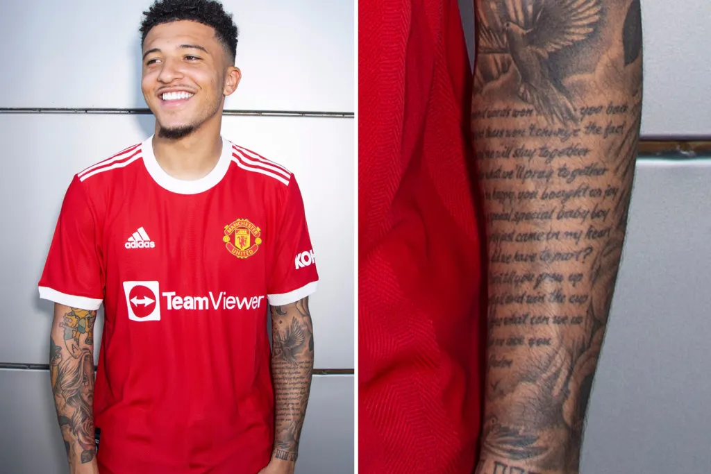 Jadon Sancho poem tattoo and birds on his forearm