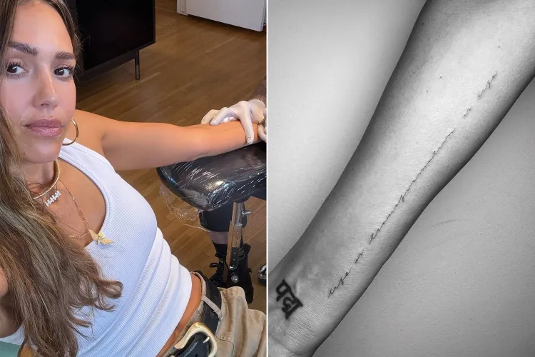 Jessica Alba forearm script tattoo in a split image