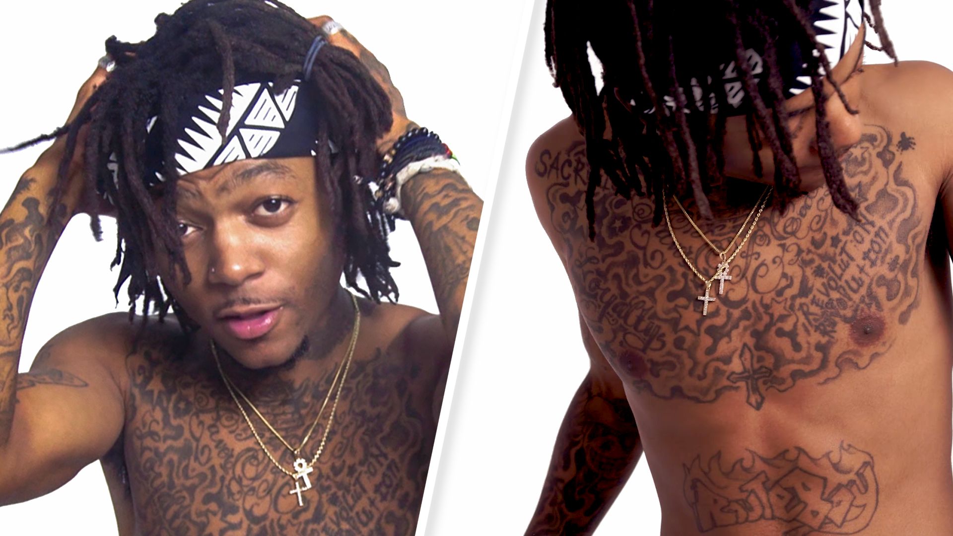 J.I.D showing the Routeboy lettering and flame design on his stomach