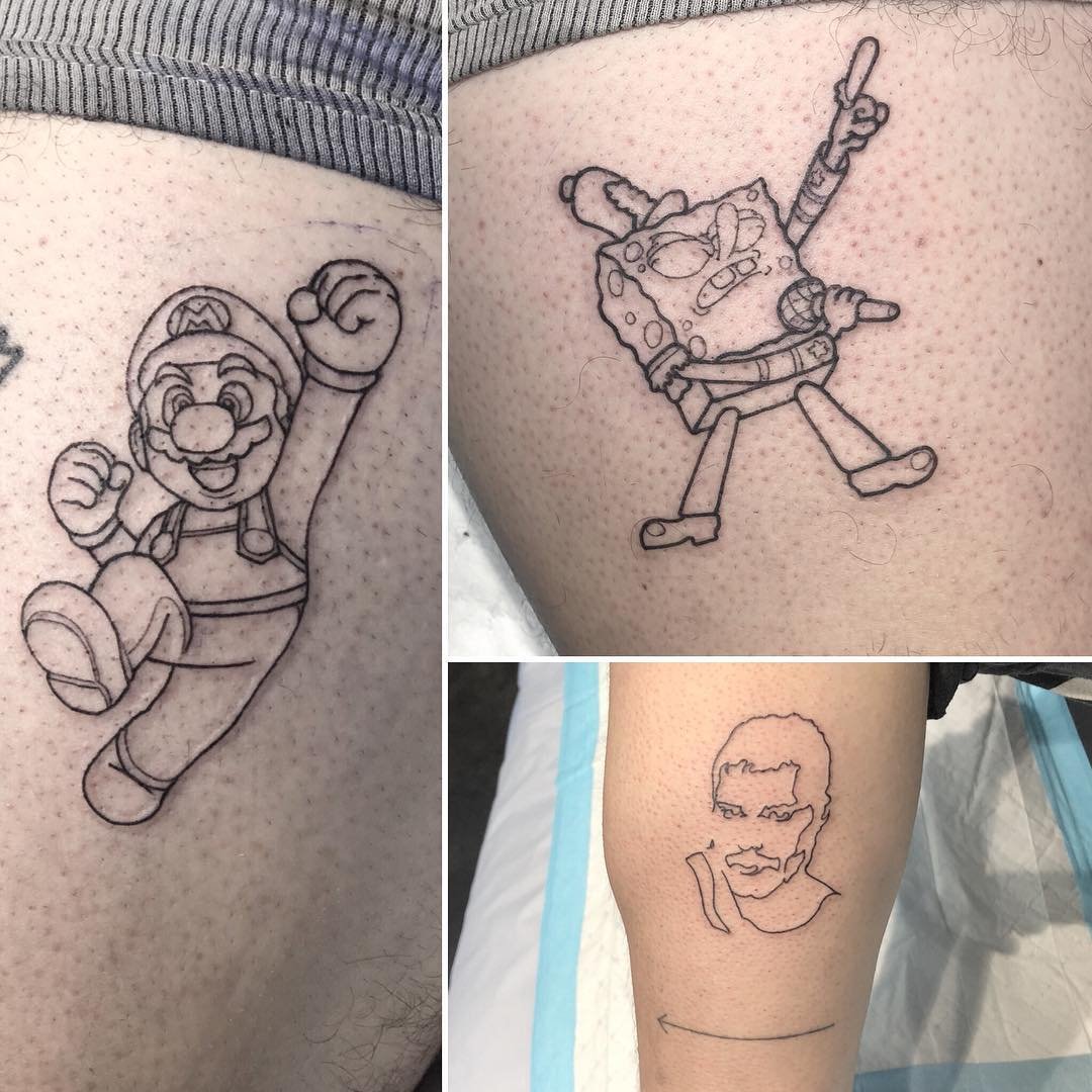 Joe Jonas showing SpongeBob Mario and cartoon thigh tattoos