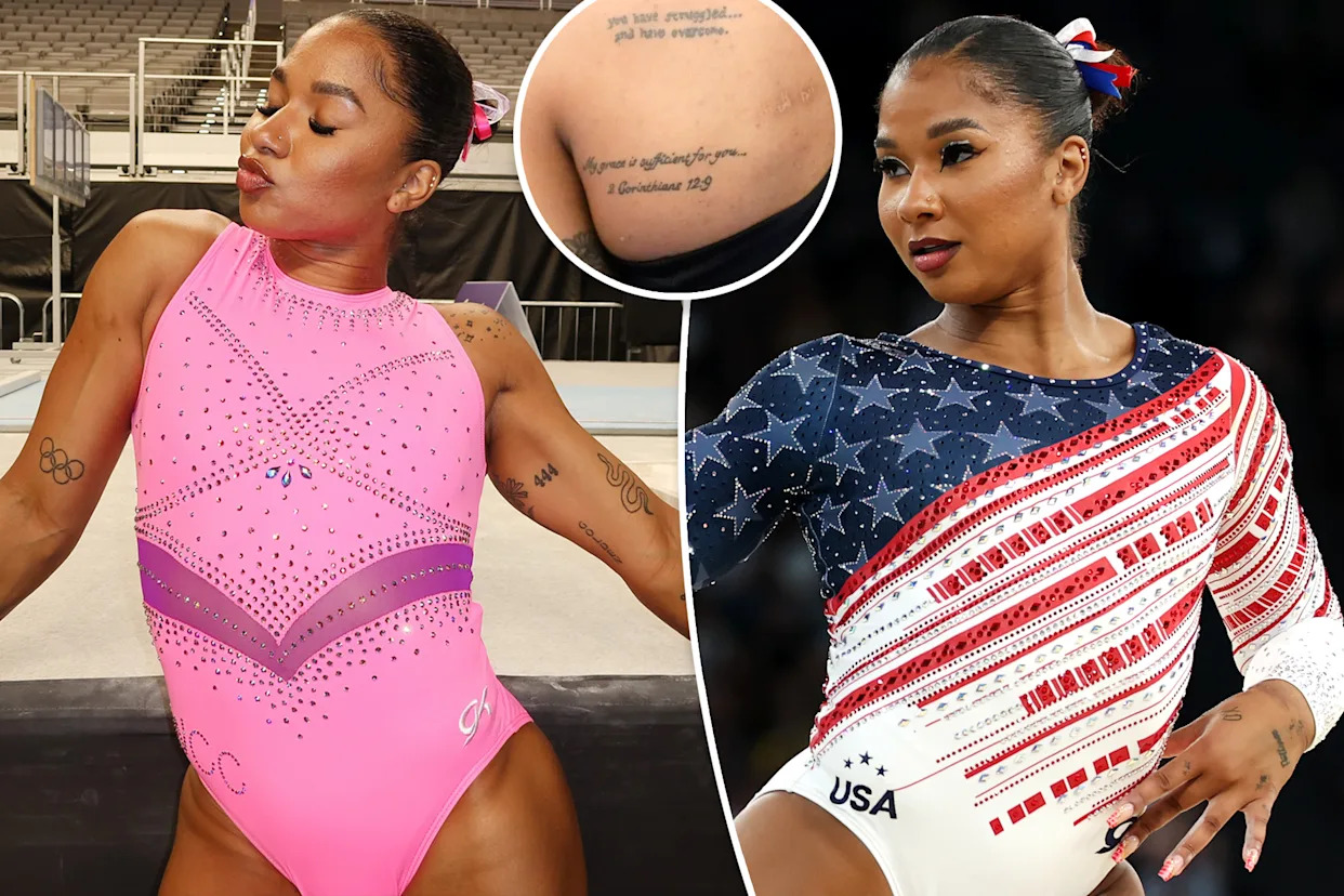 Jordan Chiles rose snake and 444 tattoos