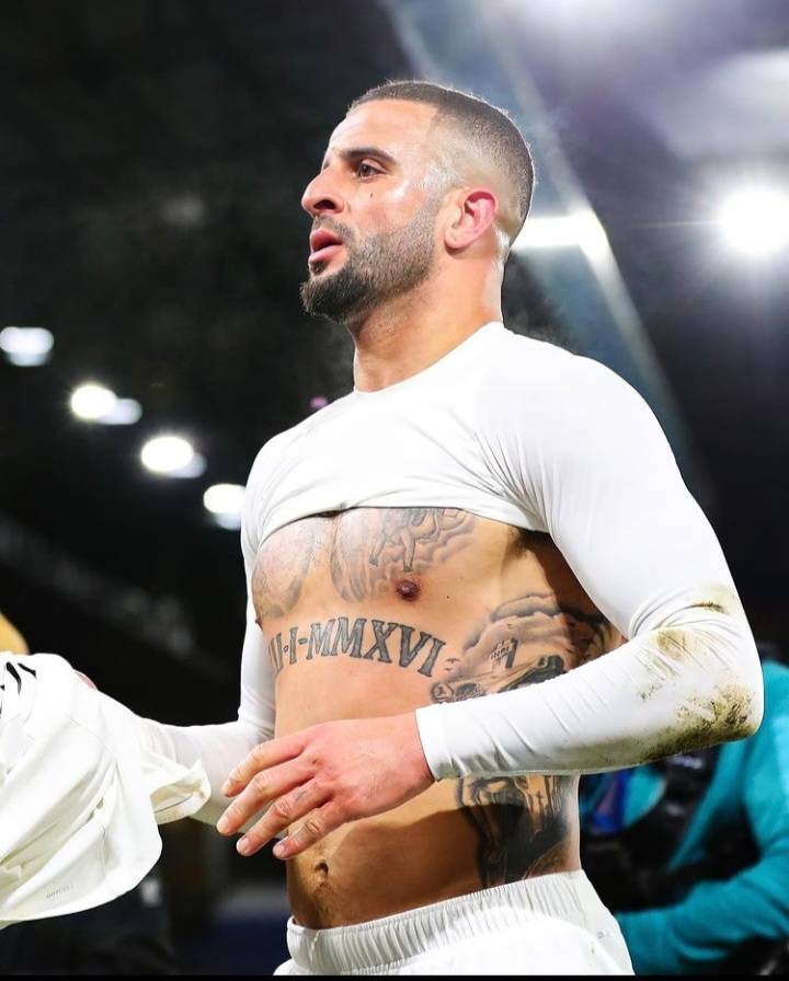 Kyle Walker Roman numeral tattoo visible after a match