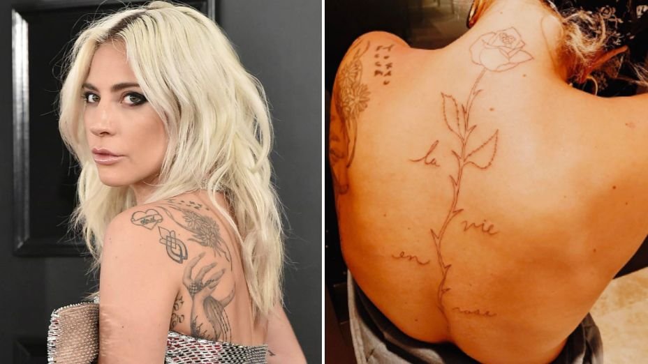 Lady Gaga's La Vie en Rose rose and musical staff tattoos on her back