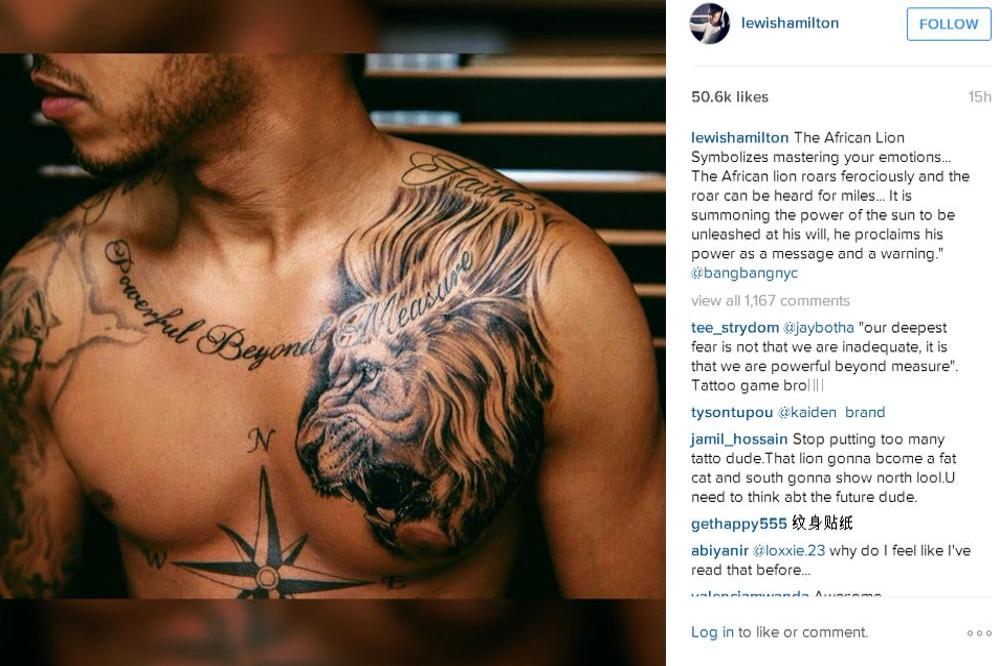 Lewis Hamilton showing the African lion chest tattoo