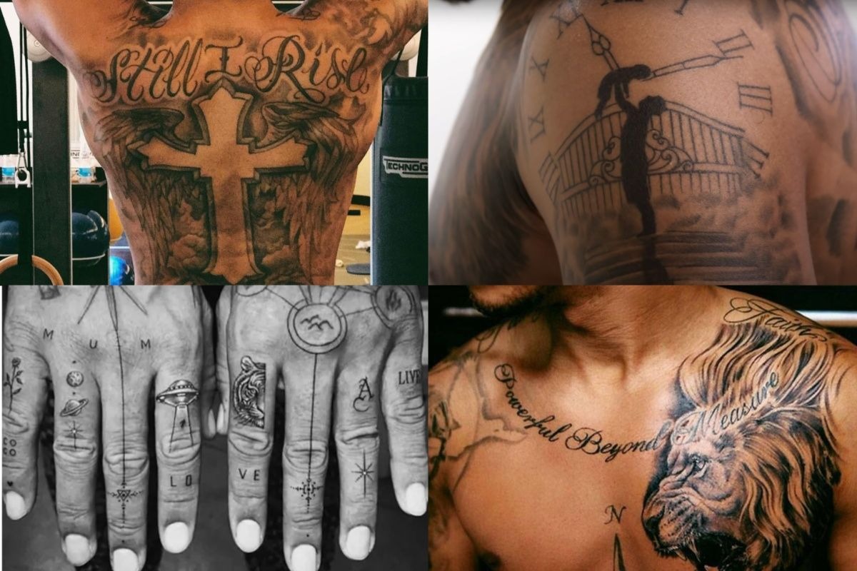 Lewis Hamilton showing multiple tattoo placements