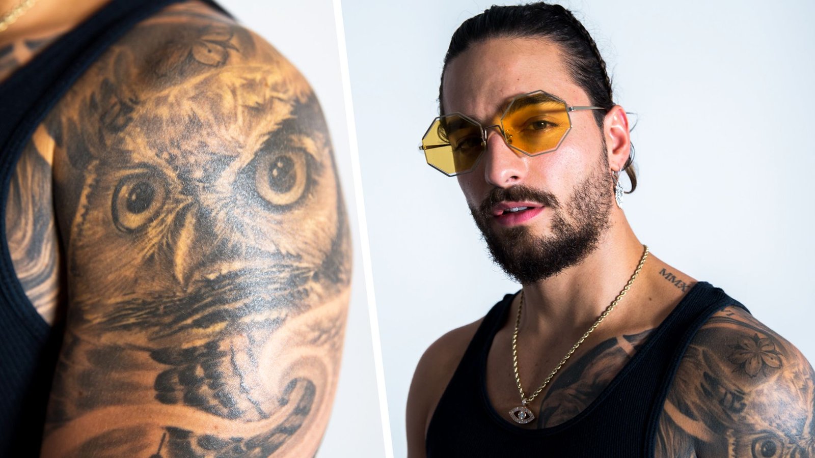 Maluma showing the owl tattoo on his arm