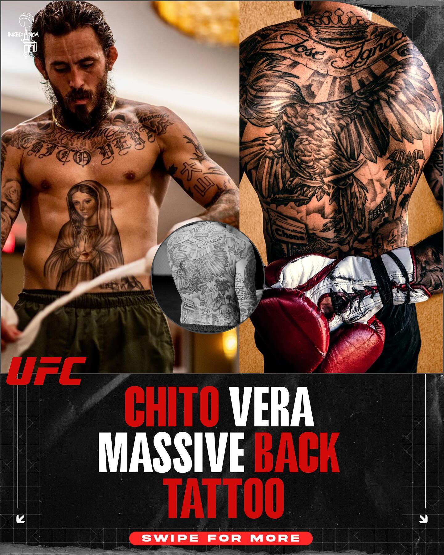 Marlon Vera tattoo collection collage showing chest and full back designs