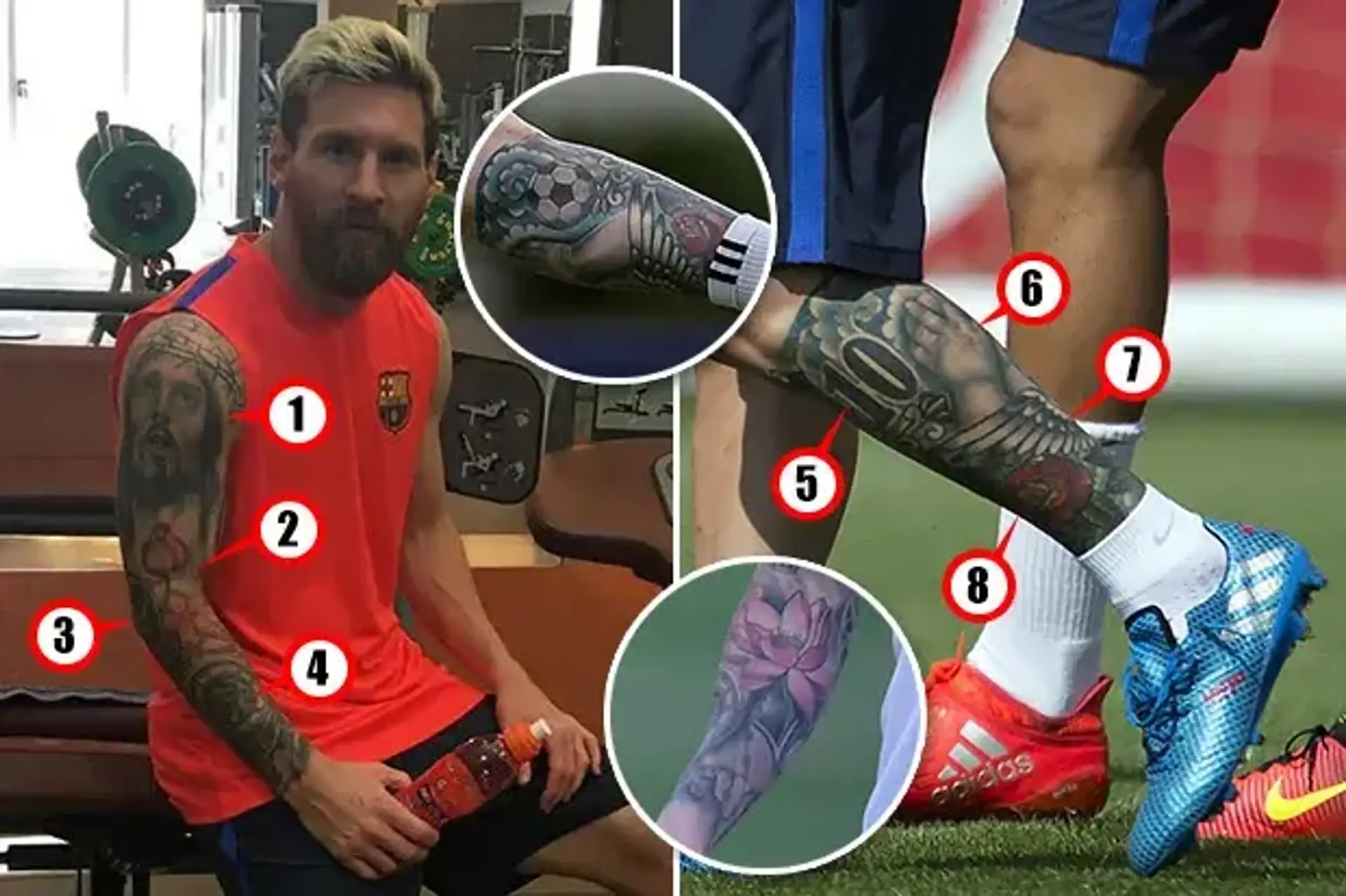Lionel Messi numbered football and leg tattoos