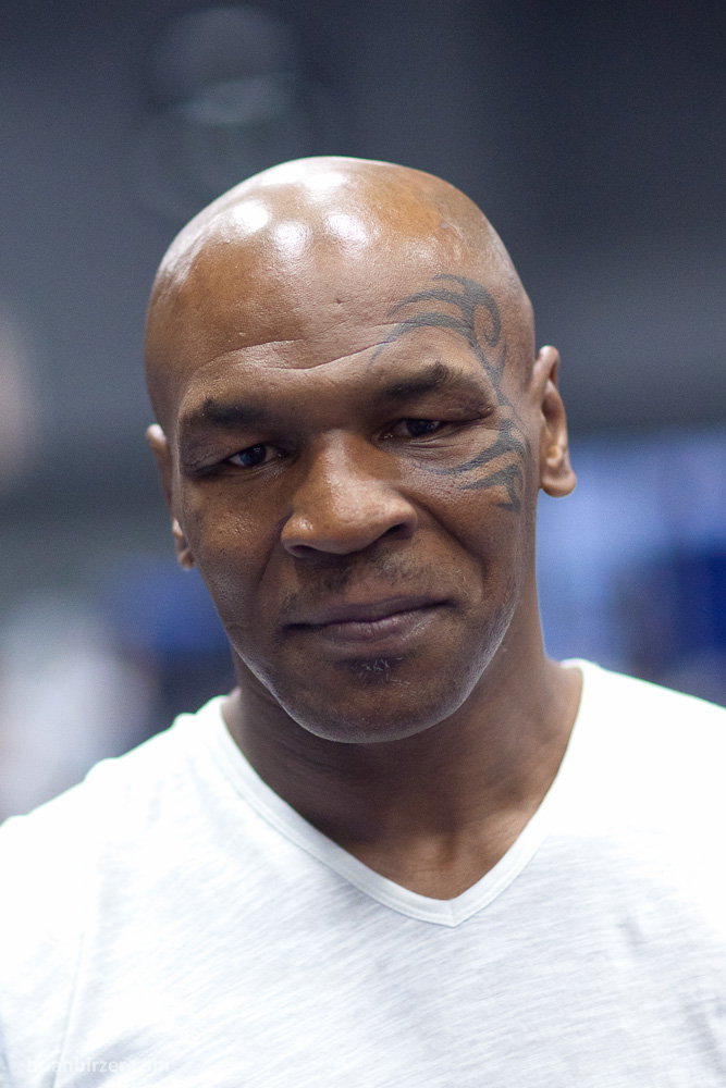Mike Tyson’s tribal face tattoo, clearly visible around his left eye