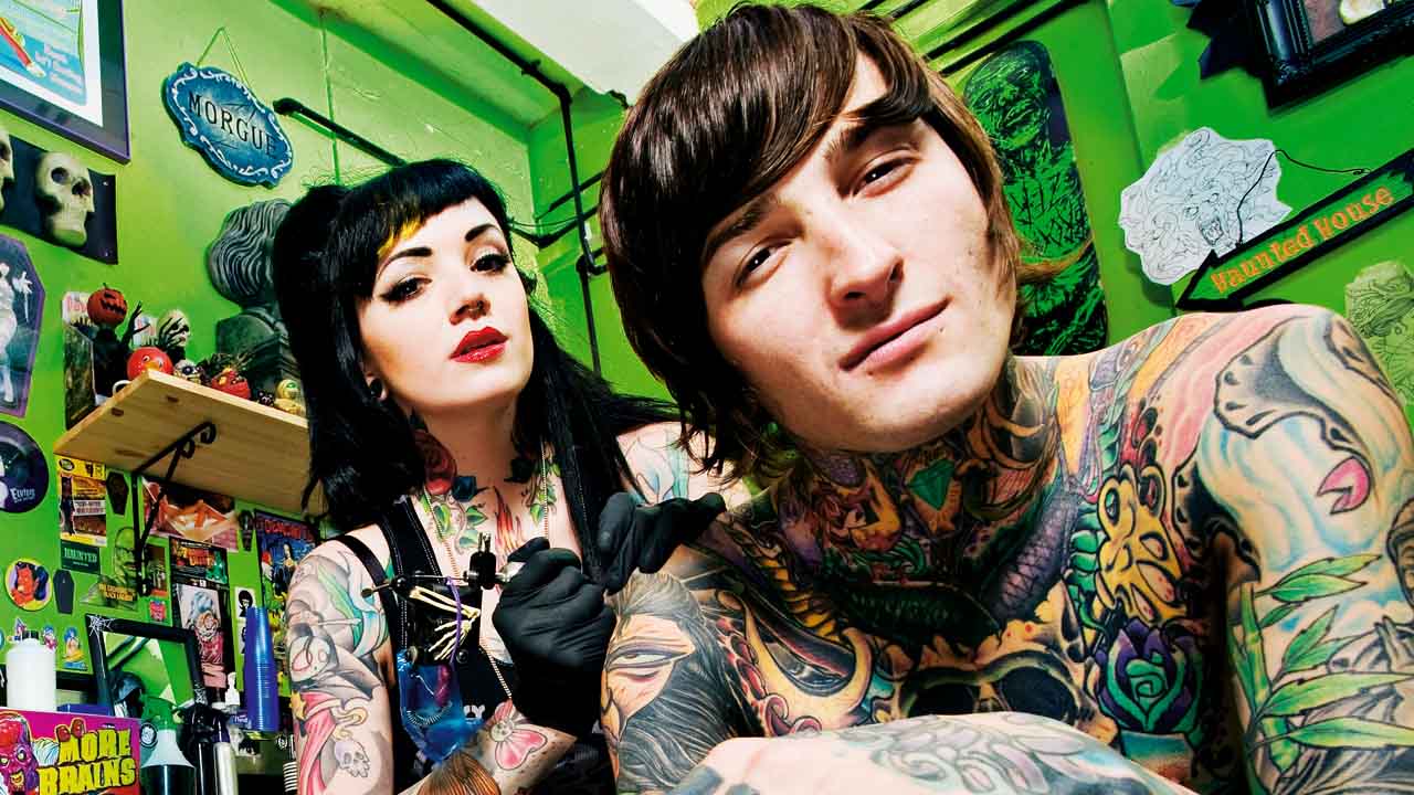 Mitch Lucker tattoo studio close up