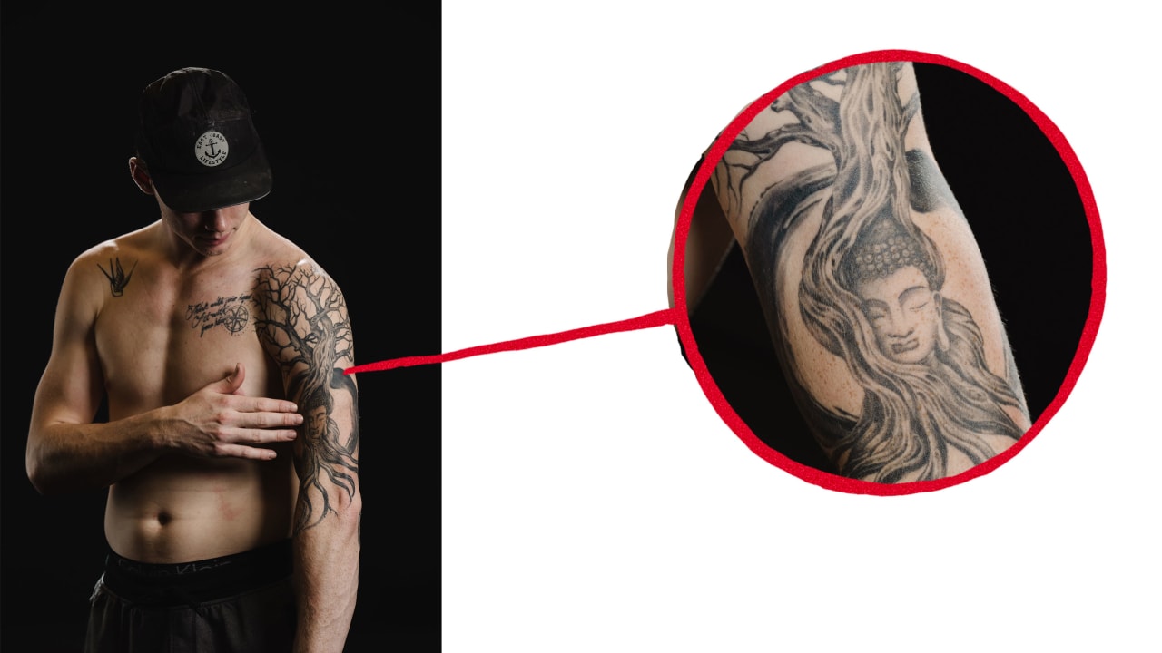 Morgan Geekie Buddha and enso left arm sleeve tattoo