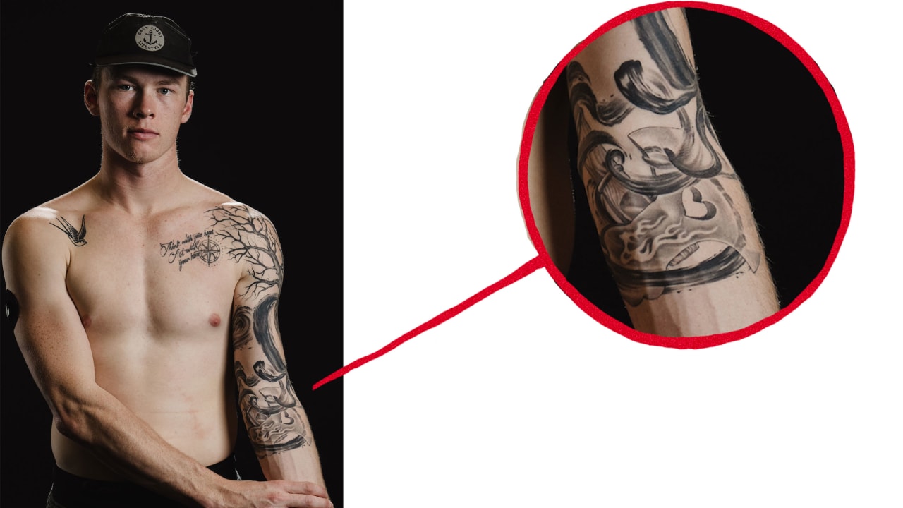 Morgan Geekie sleeve tattoo showing tree axe and water