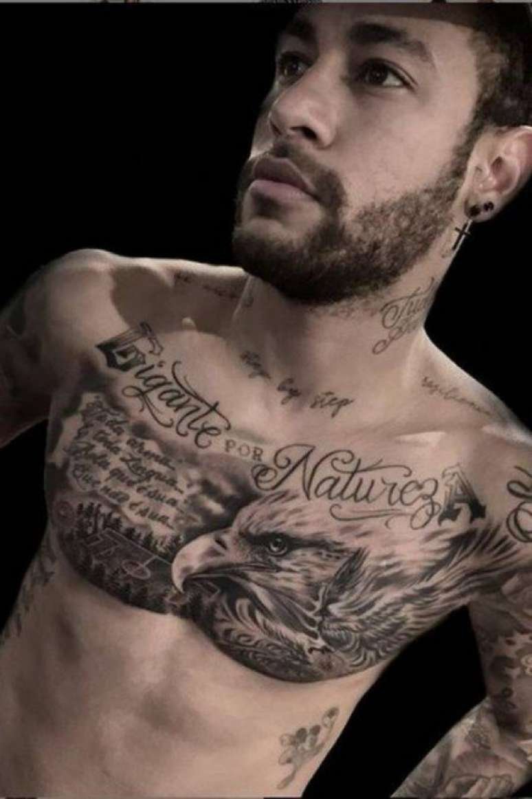 Neymar eagle and chest lettering tattoo