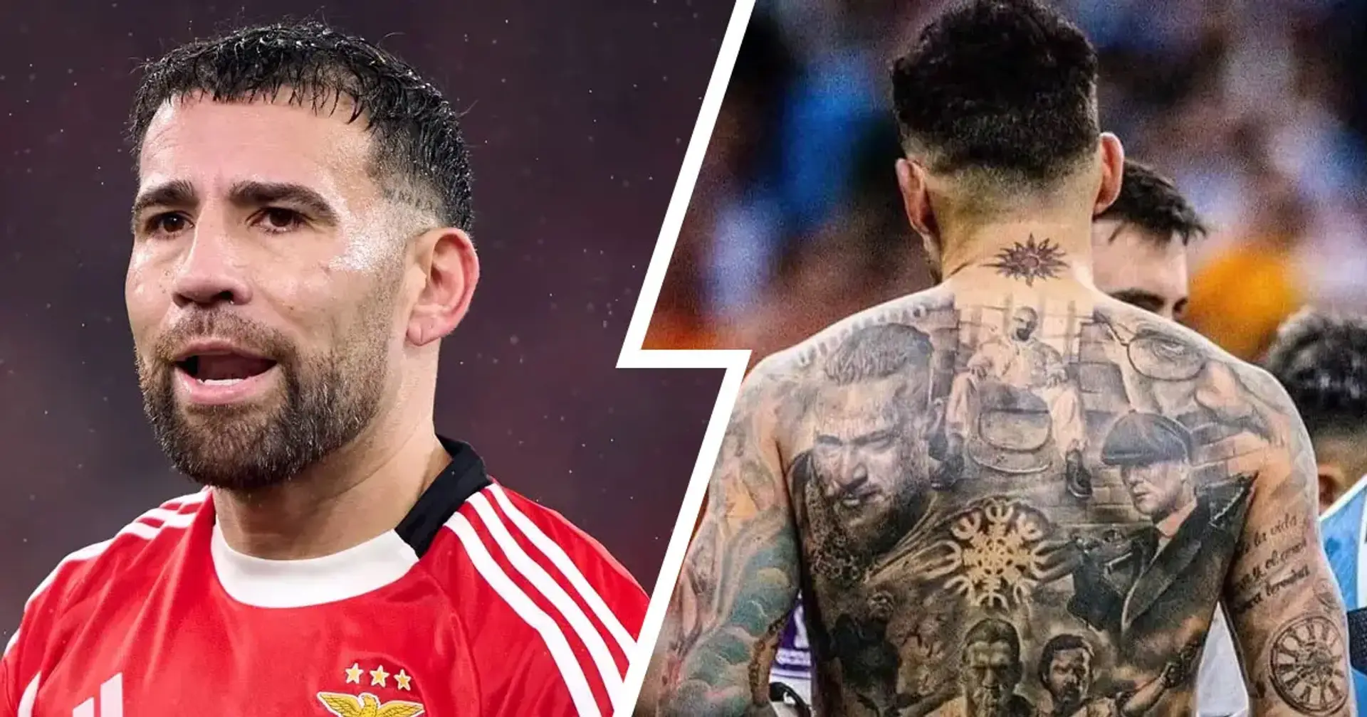 Nicolas Otamendi back tattoo collage with television character portraits