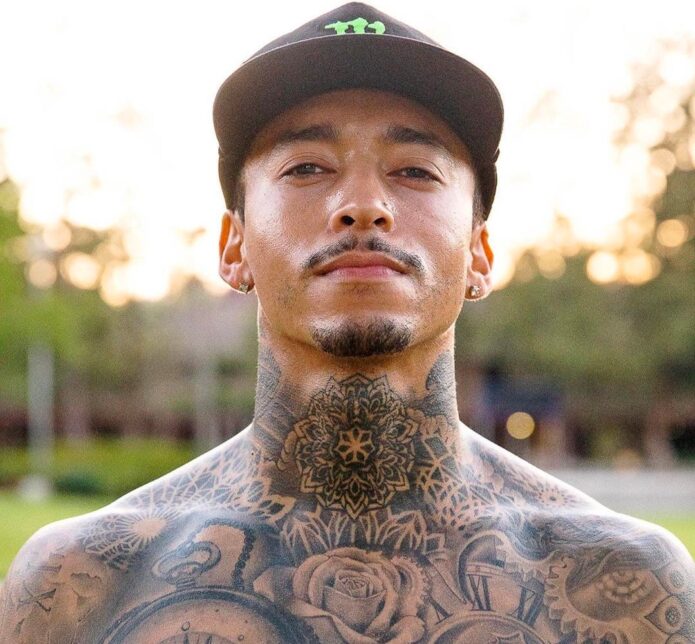 Nyjah Huston shirtless chest rose and compass tattoos