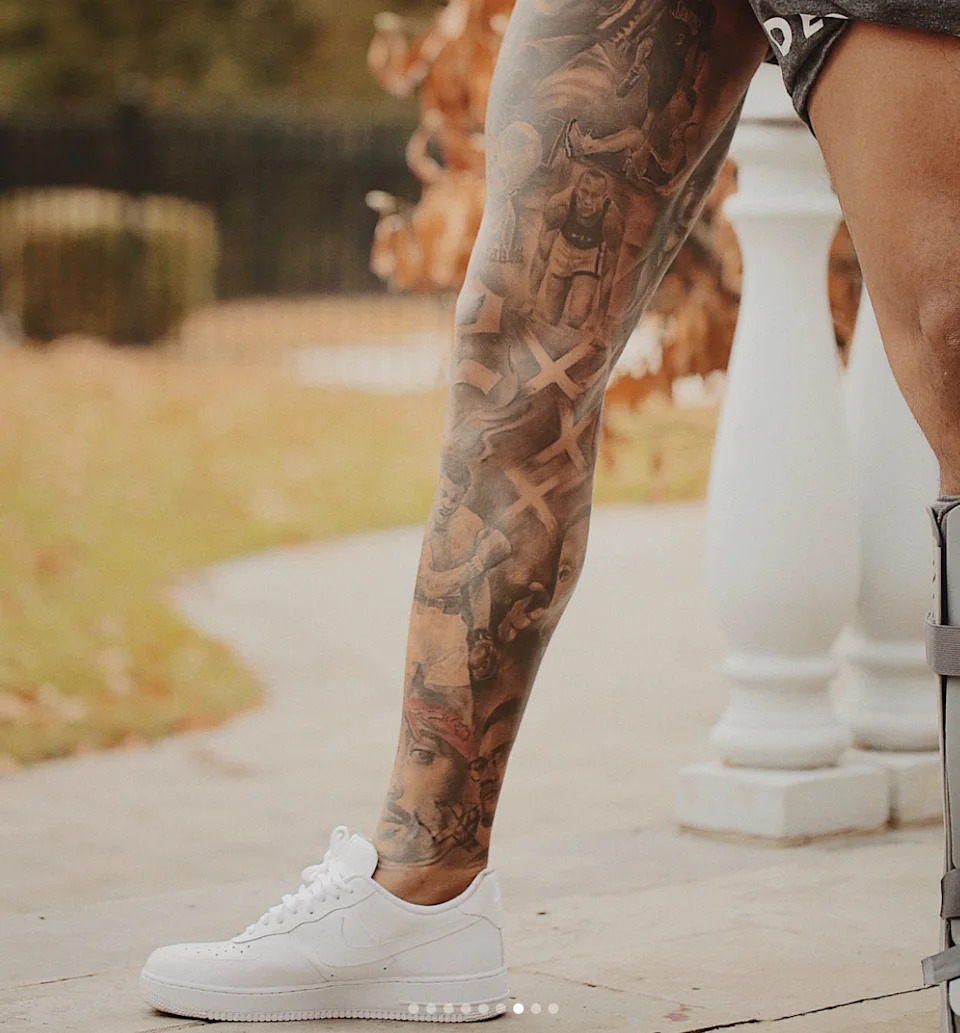 Odell Beckham Jr. detailed leg tattoo sleeve with historic portraits