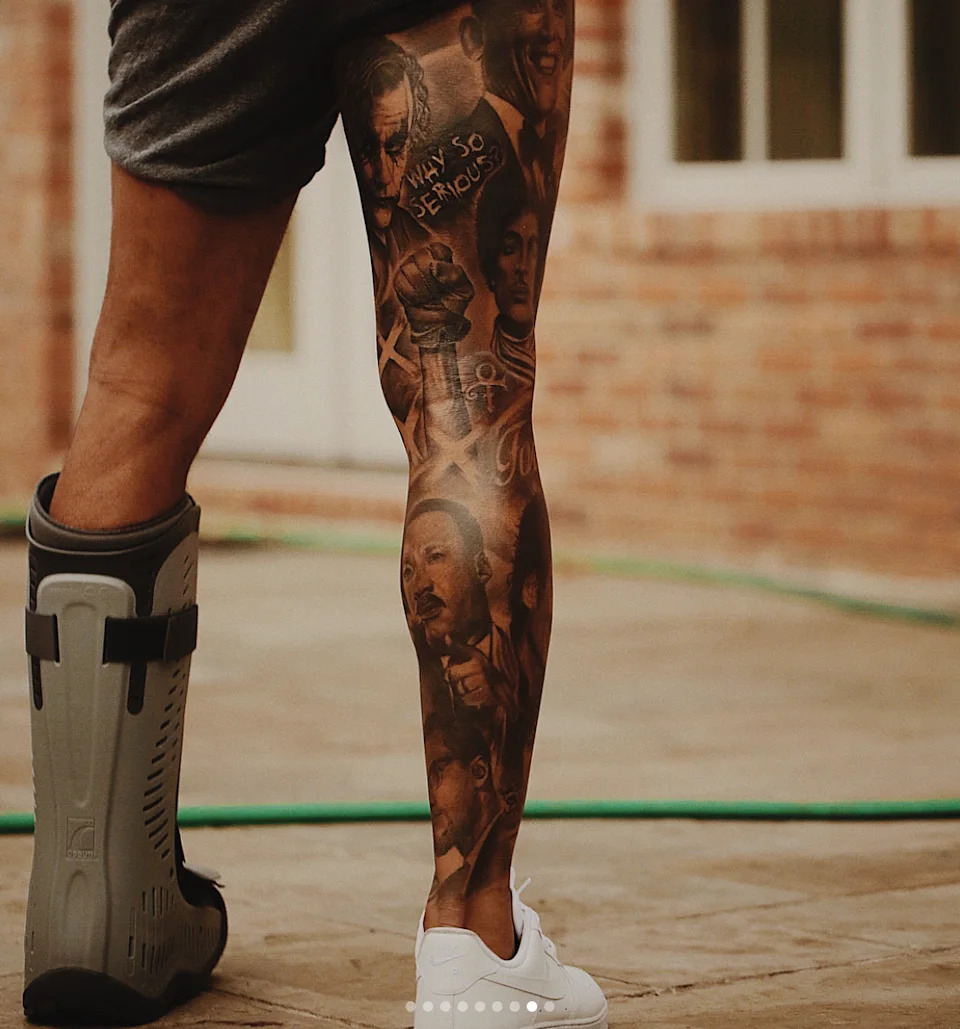 Odell Beckham Jr. leg sleeve tattoo mural with portraits and lettering