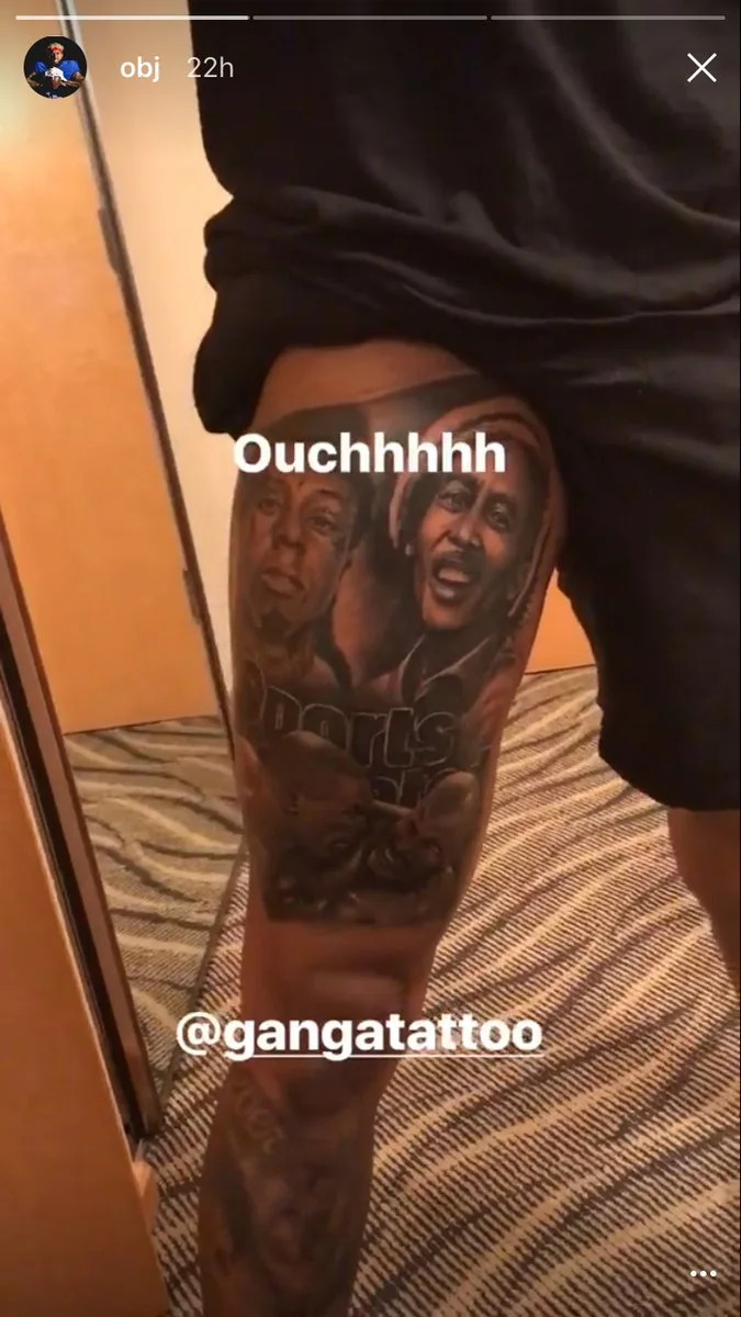 Odell Beckham Jr. close-up of detailed portrait tattoo work