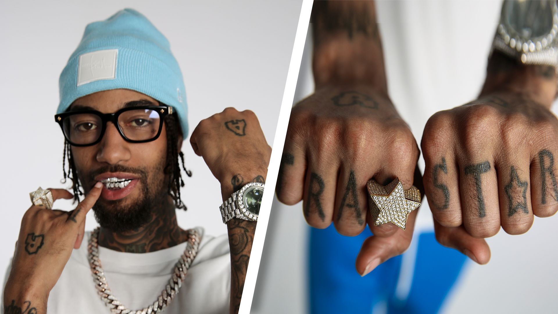 PnB Rock GQ tattooed fists and knuckles