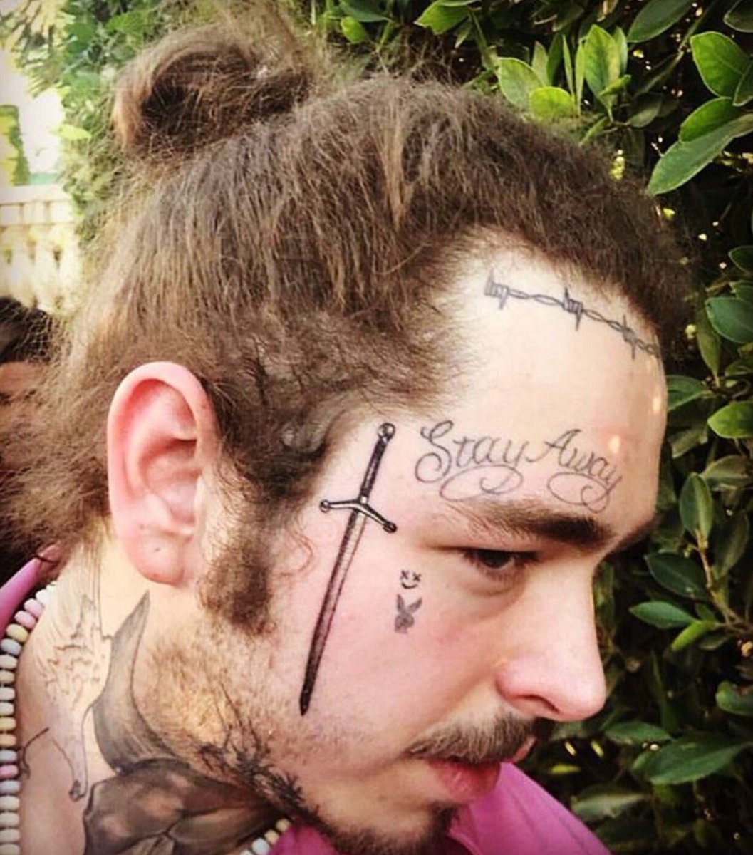 Post Malone sword and Stay Away face tattoos
